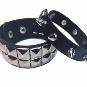 2 pcs Punk Gothic studded faux leather bracelet - black and silver